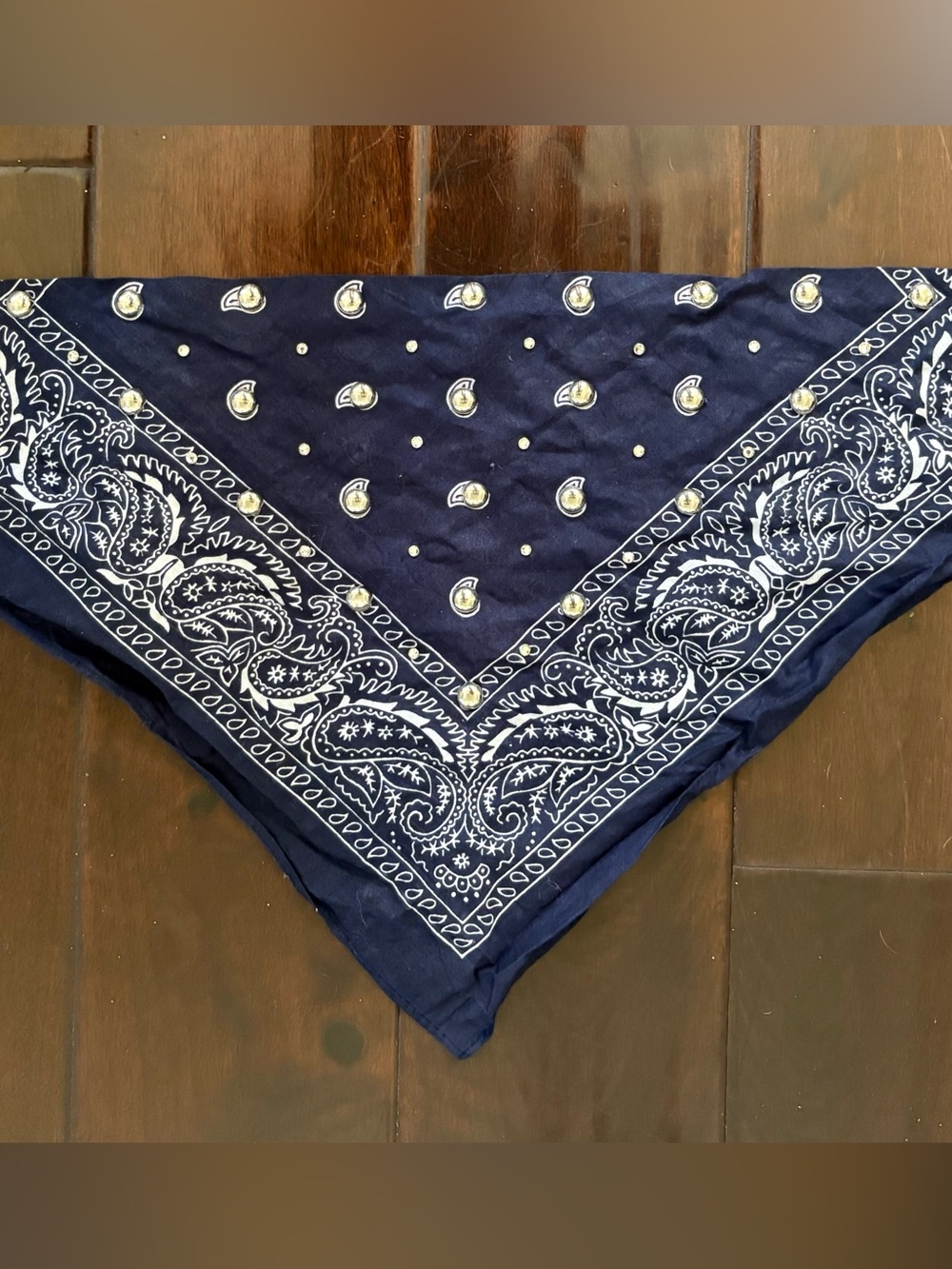 Vintage Blue Paisley Bandana w/ Rhinestones & Silver Dome Studs Head Wrap/Scarf